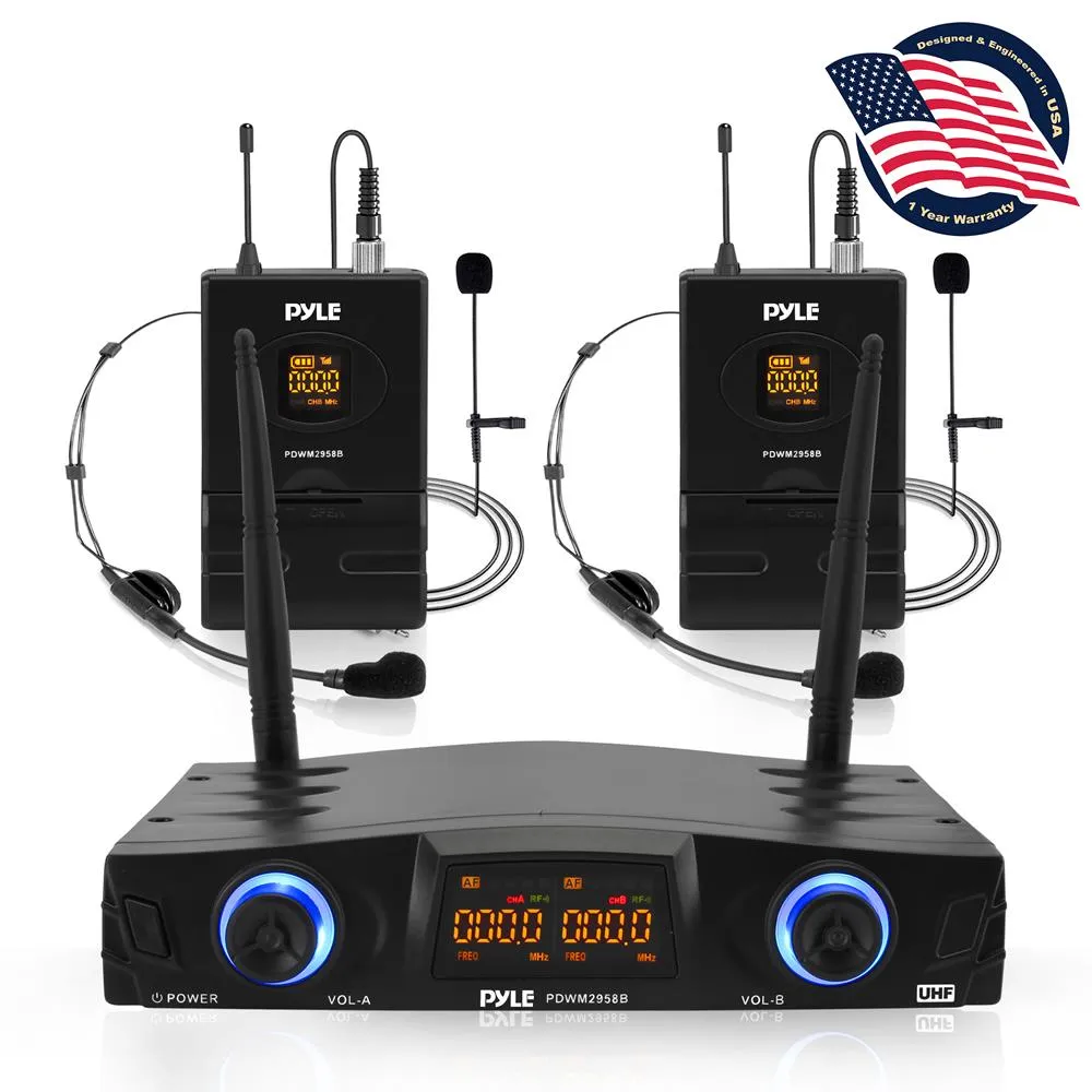 Compact Uhf Pro Wireless Microphone System - Usb Powered Desktop Mic Receiver System With Adjustable Volume Control, Includes (2) Belt-Pack Transmitters, (2) Headsets & (2) Lavalier Mics (2-Channel)
