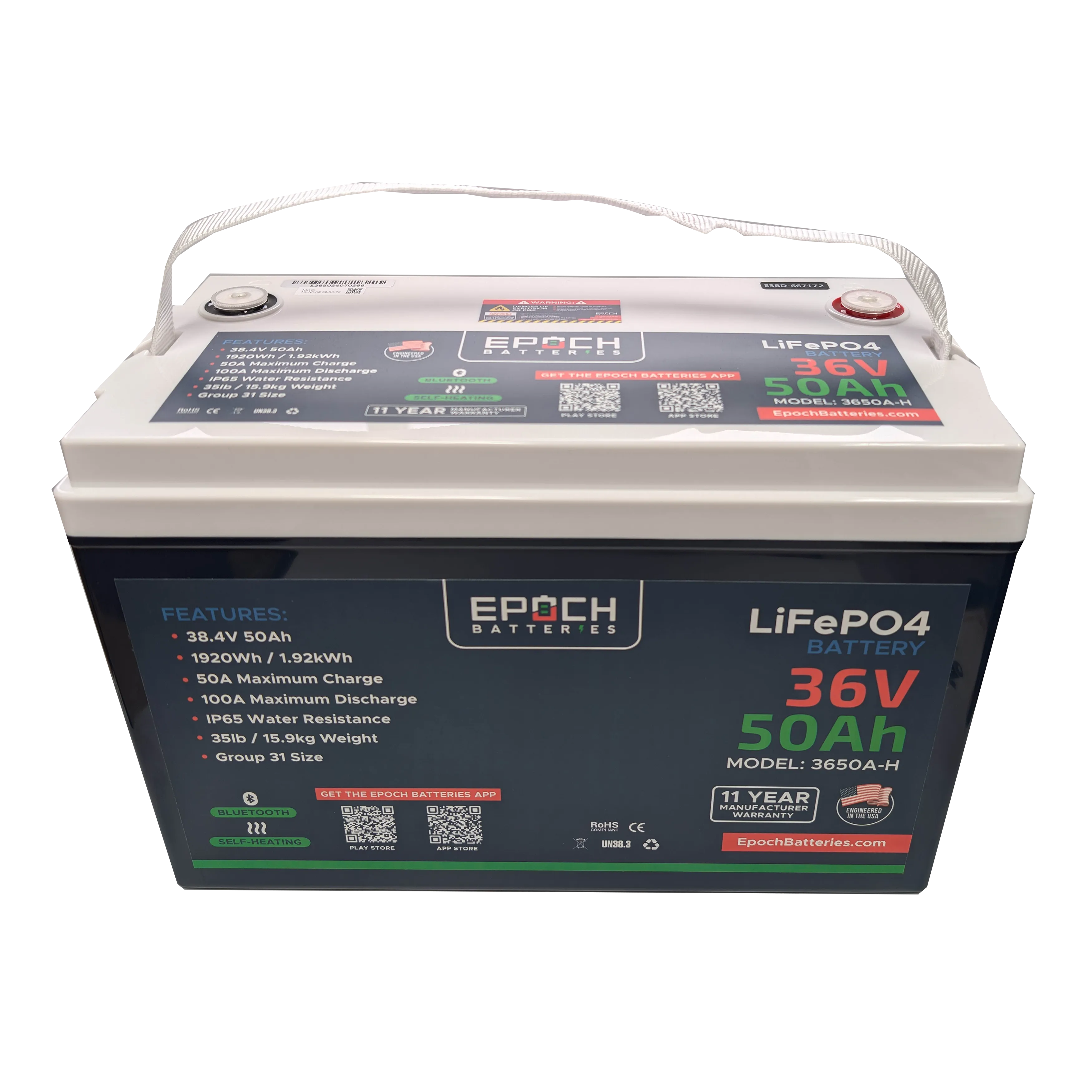 Epoch Batteries 36V 50Ah Essential Series - Bluetooth & Heated LiFePO4 Battery - ETA MAY 10