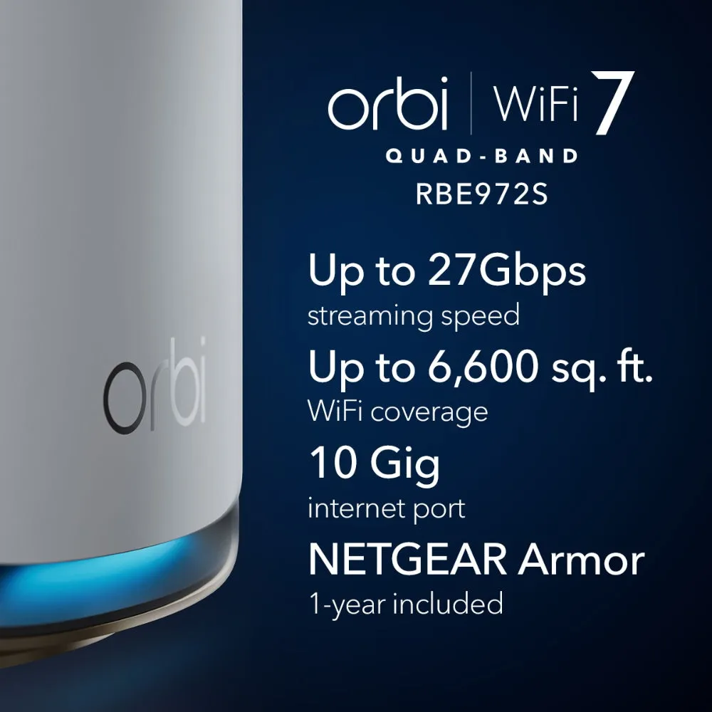 NETGEAR Orbi 970 Series Quad-Band WiFi 7 Mesh Network System RBE972S, Router   1 Satellite Extender, Covers Up to 6,600 sq. ft., 200 Devices, 10 Gig Internet Port, BE27000 Up to 27Gbps - Black