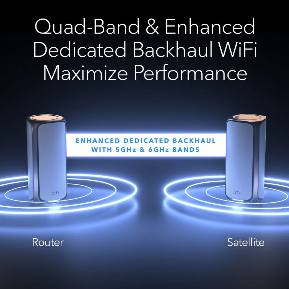 NETGEAR Orbi 970 Series Quad-Band WiFi 7 Mesh Network System RBE972S, Router   1 Satellite Extender, Covers Up to 6,600 sq. ft., 200 Devices, 10 Gig Internet Port, BE27000 Up to 27Gbps - Black