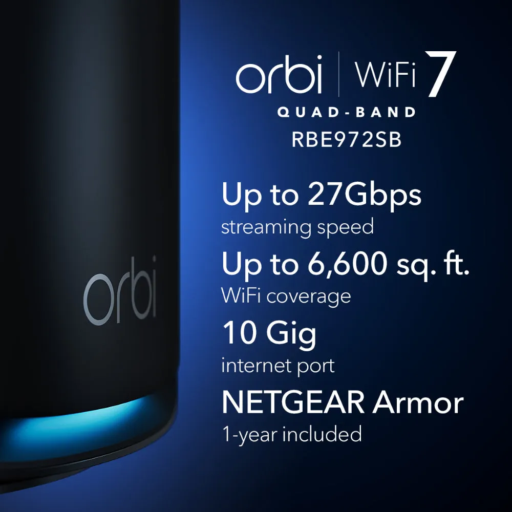 NETGEAR Orbi 970 Series Quad-Band WiFi 7 Mesh Network System (RBE972S), Router   1 Satellite Extender, Security Features, Up to 27Gbps, Covers up to 6,600 sq. ft., 200 Devices, 10 Gig Internet Port