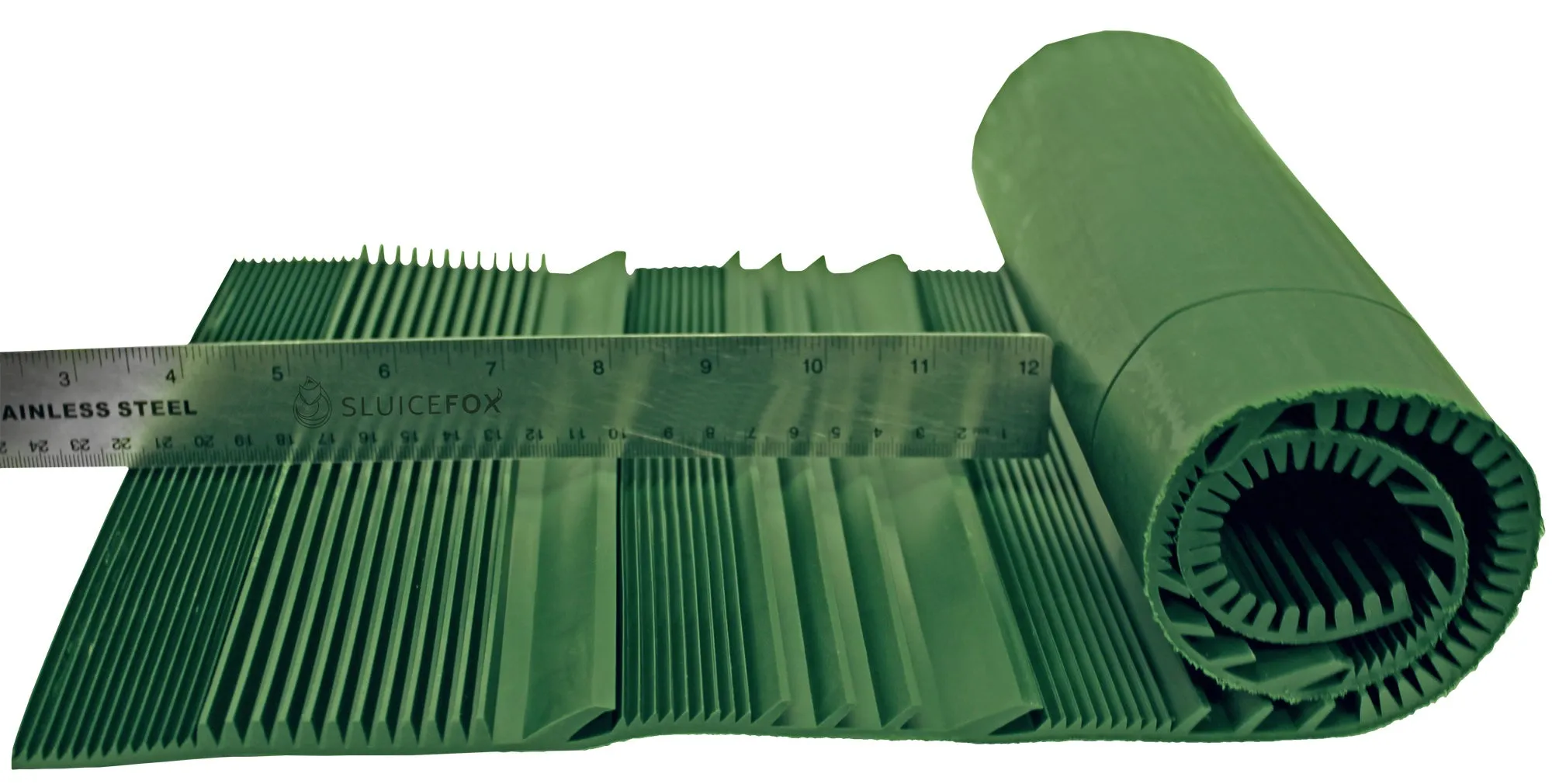 Sluice box matting with rubber riffles; gold sluice mat for sluice box; gold prospecting supplies;10x27 or 12x36 inch cut to fit, green color with multiple aggressive rib patterns