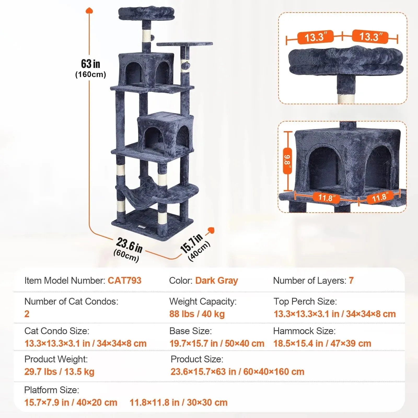 VEVOR 63" Cat Tree with 2 Condos & Scratching Post