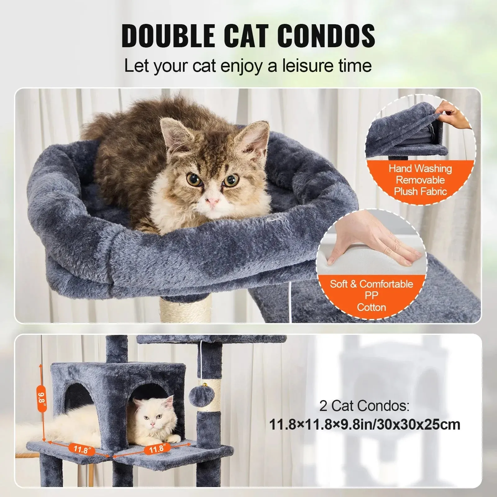 VEVOR 63" Cat Tree with 2 Condos & Scratching Post