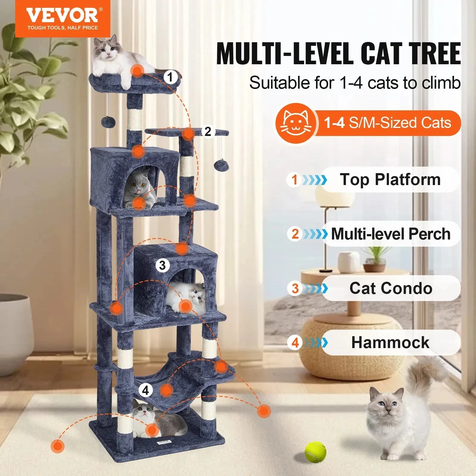 VEVOR 63" Cat Tree with 2 Condos & Scratching Post