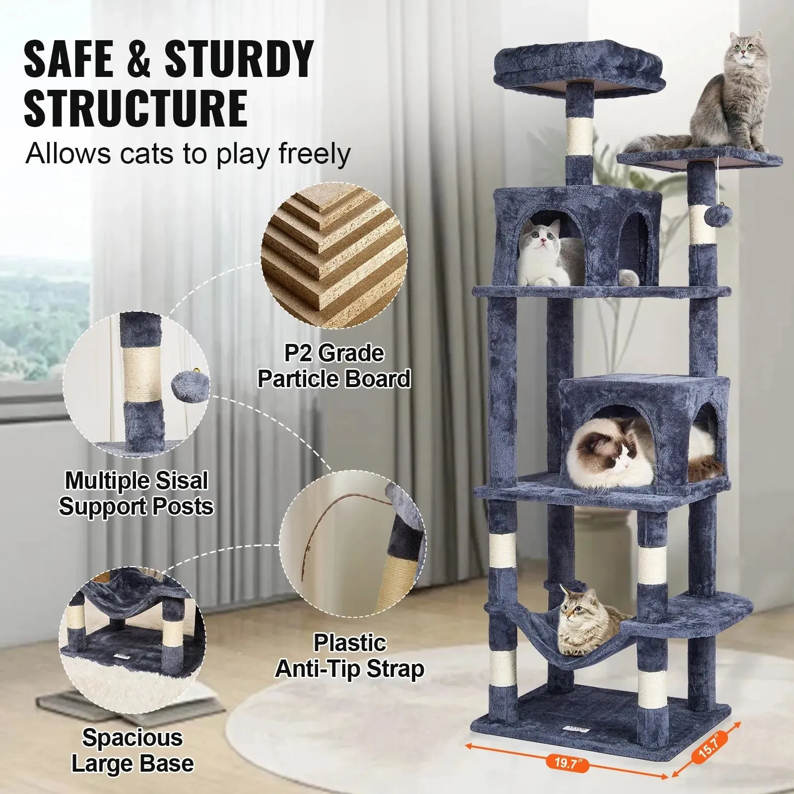 VEVOR 63" Cat Tree with 2 Condos & Scratching Post