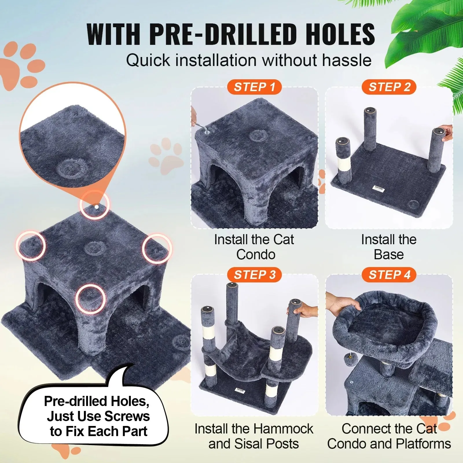 VEVOR 63" Cat Tree with 2 Condos & Scratching Post